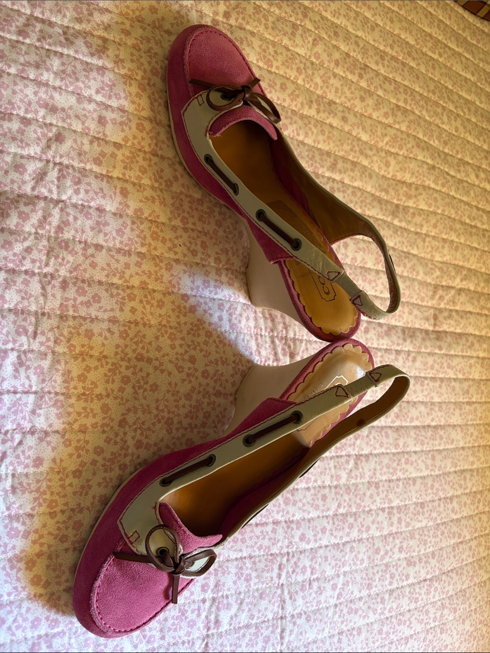 Coach Pink and Cream Suede Wedge Slingbacks with Bow Accent - Picture 3 of 4